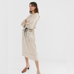ASOS DESIGN Midi Dress with Contrast Stitching & Drawstring Waist Size 8